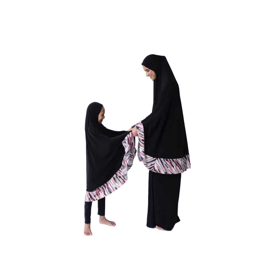 Pocket Burqa - Knee Length - Full Black With Patterned Dahlia Design (Plisse)
