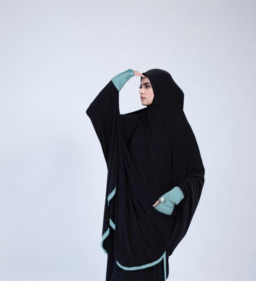 Pocket Burqa - Knee Length with Sleeves - Full Black with Mint