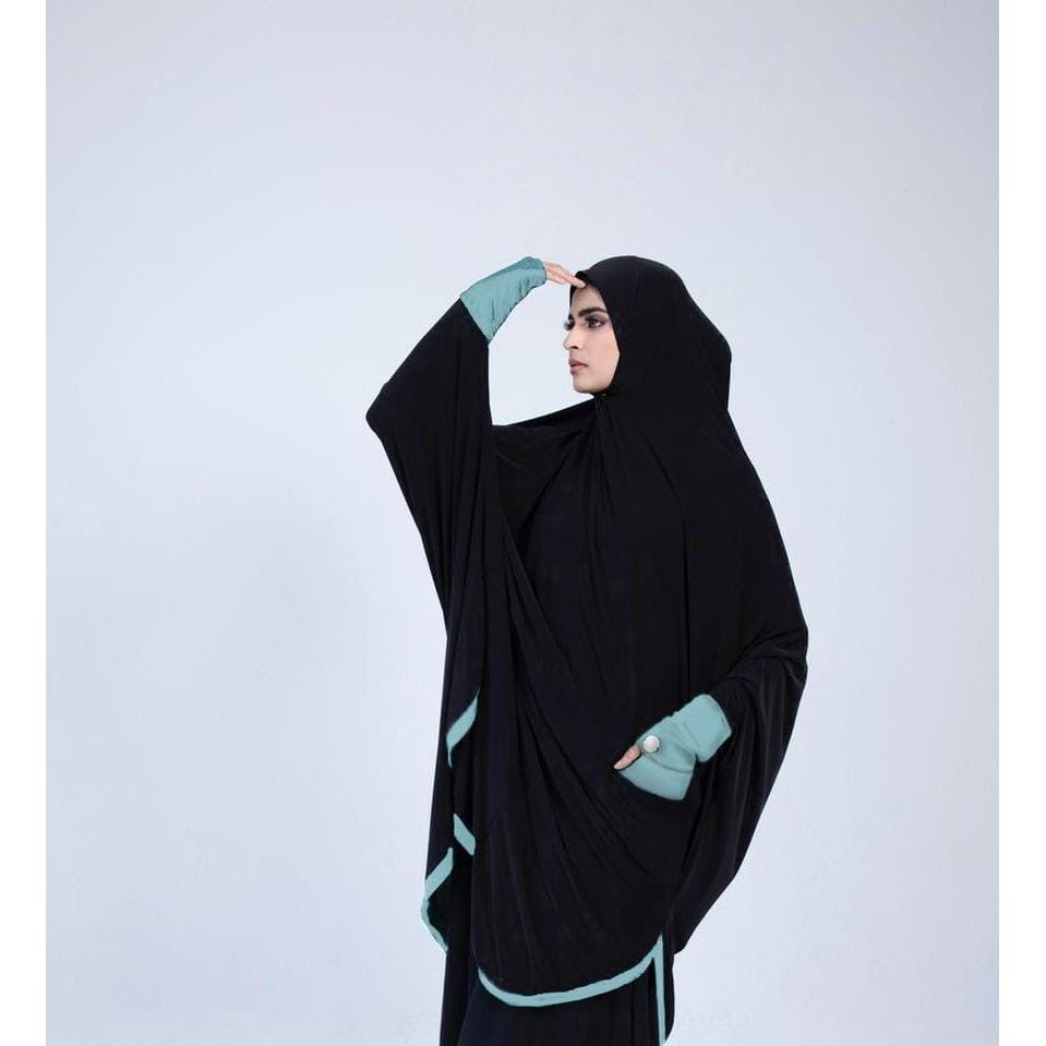 Pocket Burqa - Knee Length with Sleeves - Full Black with Mint