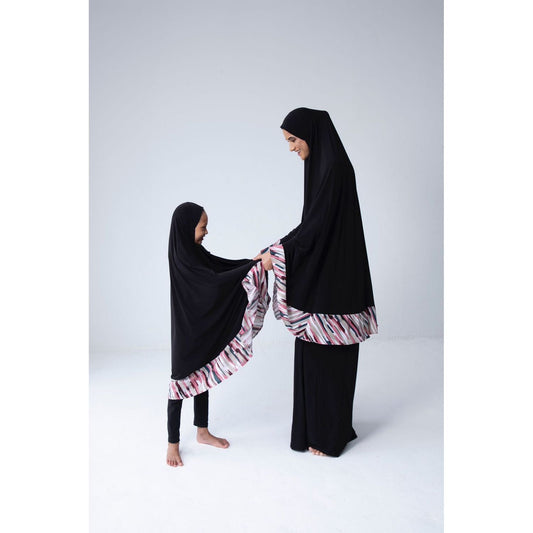 Children's Burqa - Full Black with Dahlia Design (Plisse Edition)