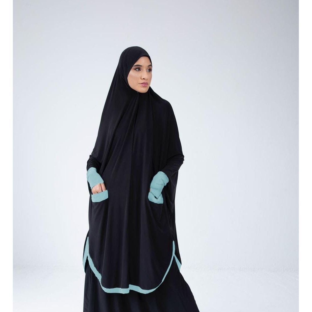 Pocket Burqa - Knee Length with Sleeves - Full Black with Mint