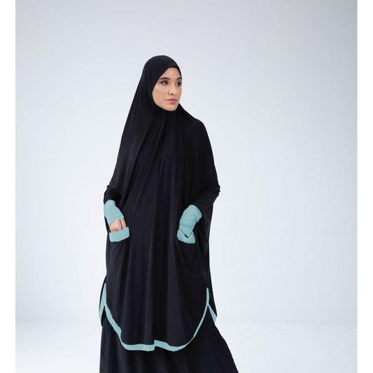 Pocket Burqa - Knee Length with Sleeves - Full Black with Mint