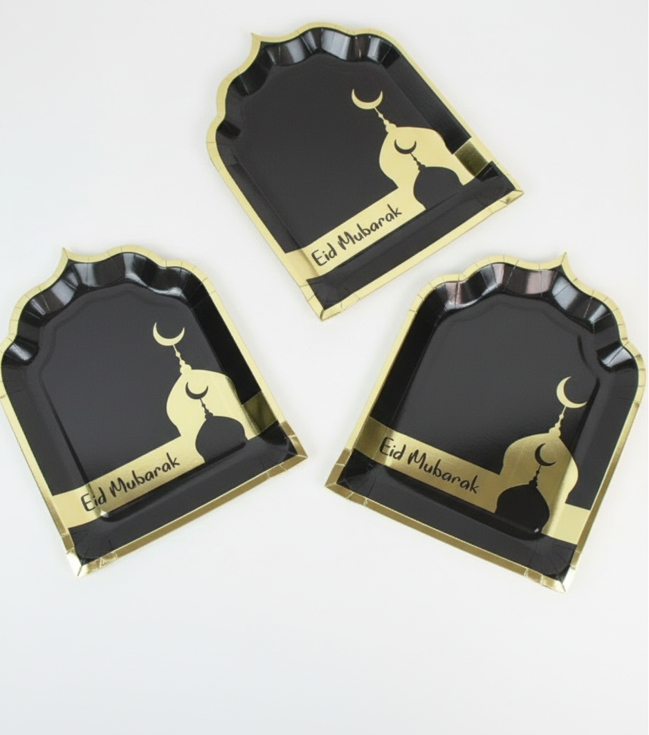 Eid Mubarak Plates - Black & Gold Mosque (Pack of 10)