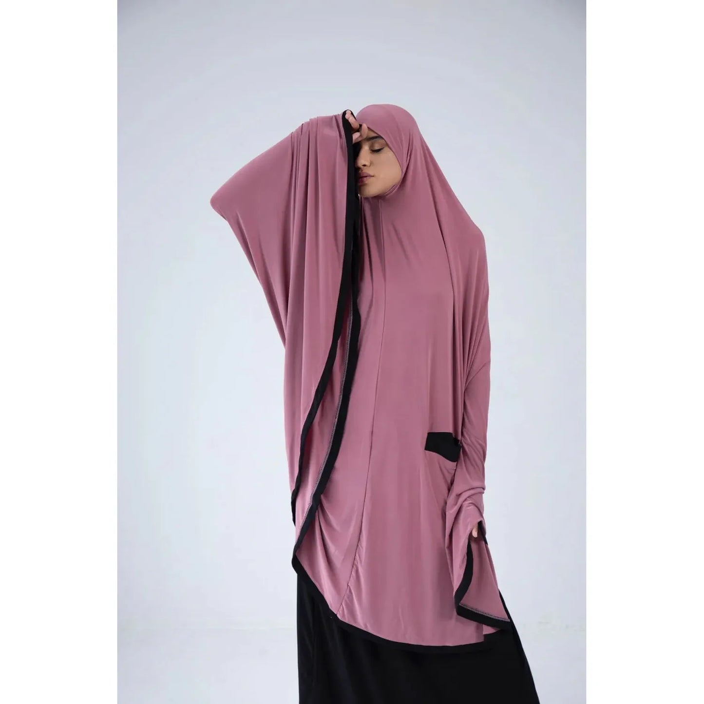 Pocket Burqa - Knee Length: Full Pink with Black