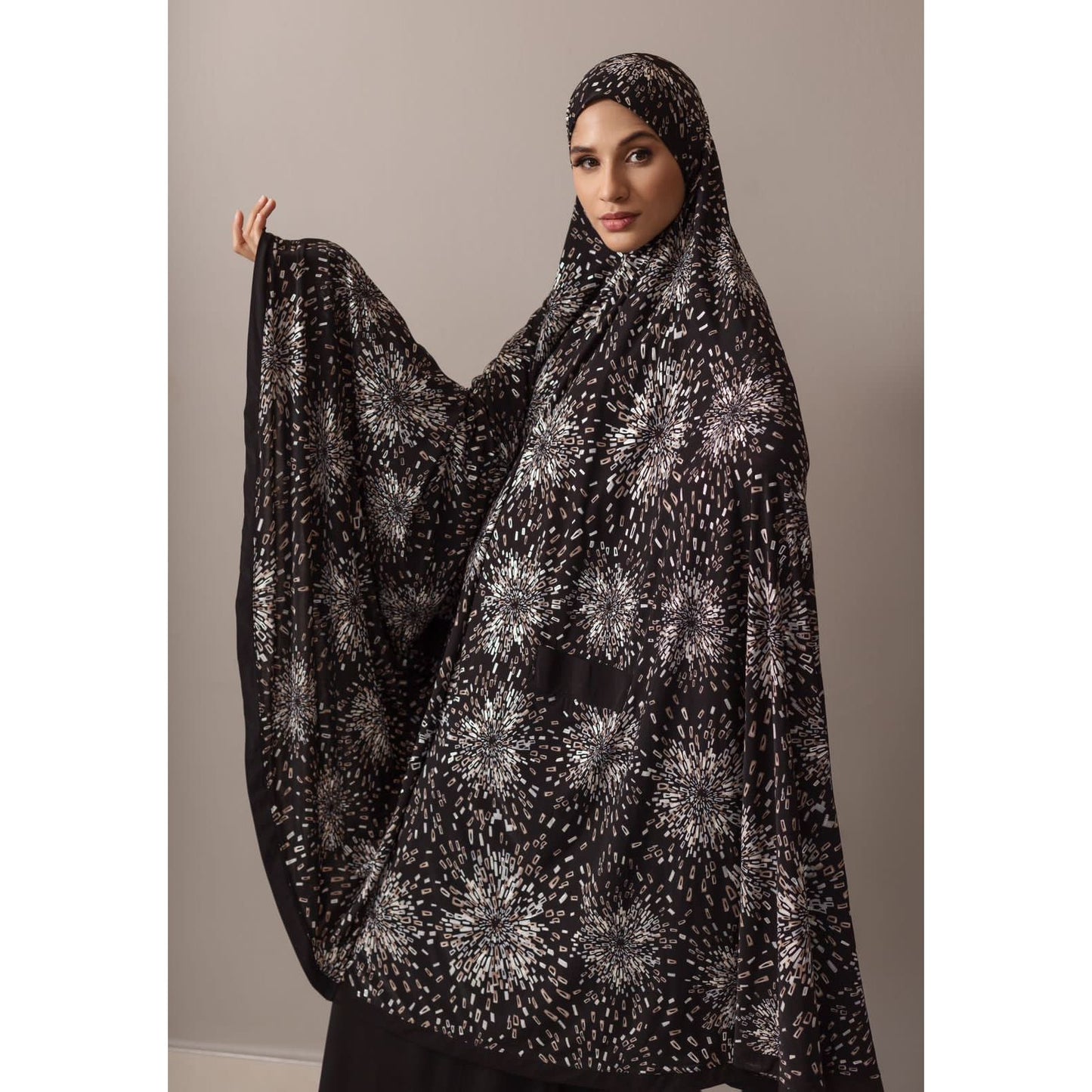 Pocket Burqa - Knee Length - Black Abstract