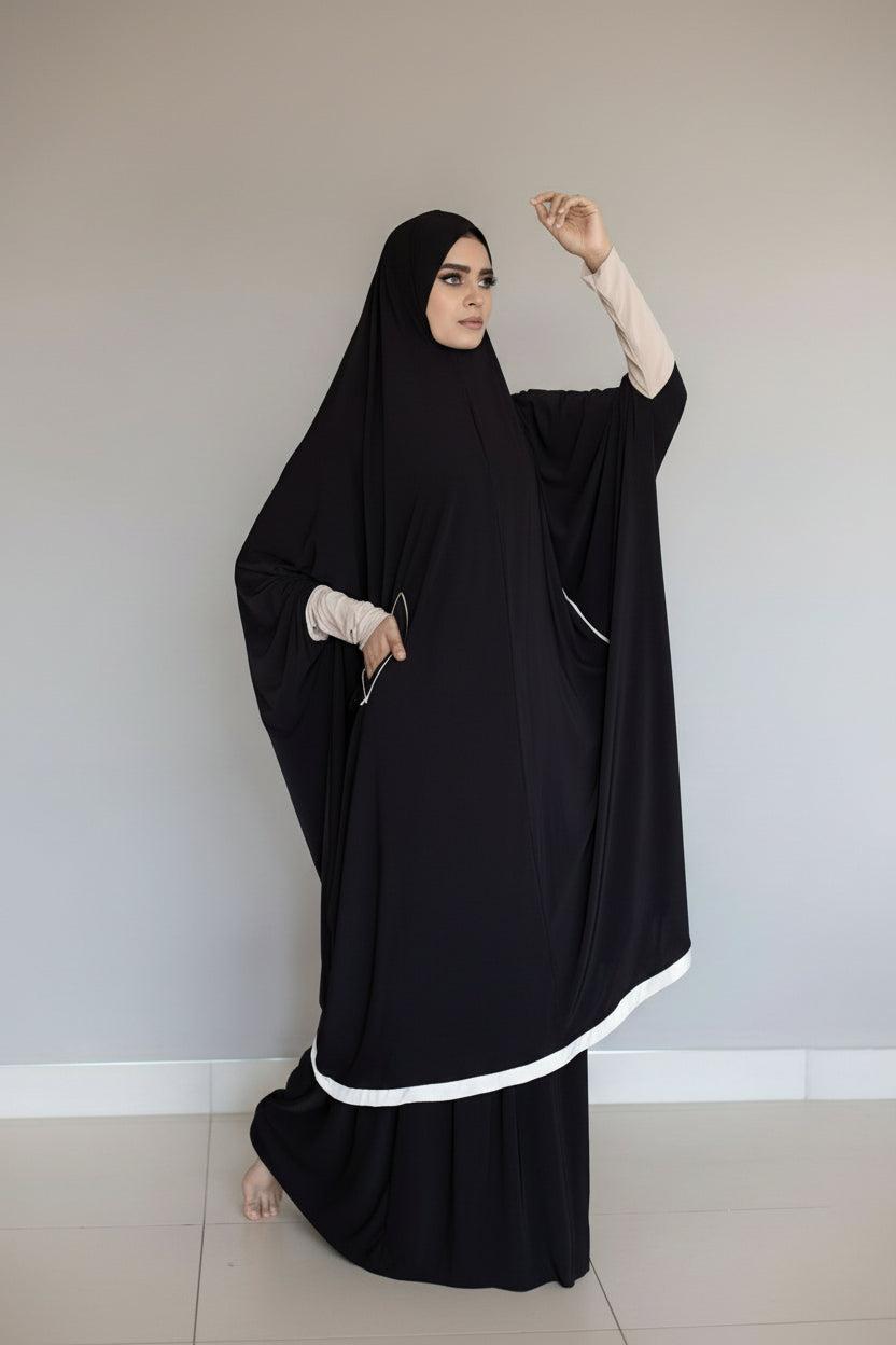The Travel Burqa With Zip Pockets & Sleeves - Knee Length: Black with Nude
