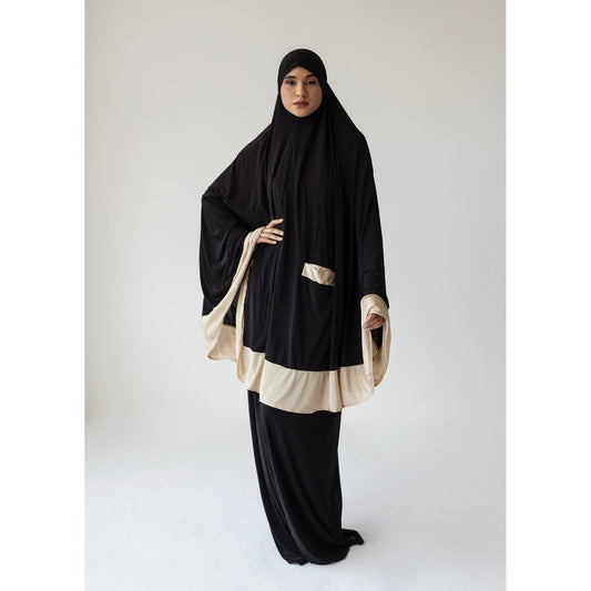 Pocket Burqa - Knee Length: Full Black with Cream (Plisse)
