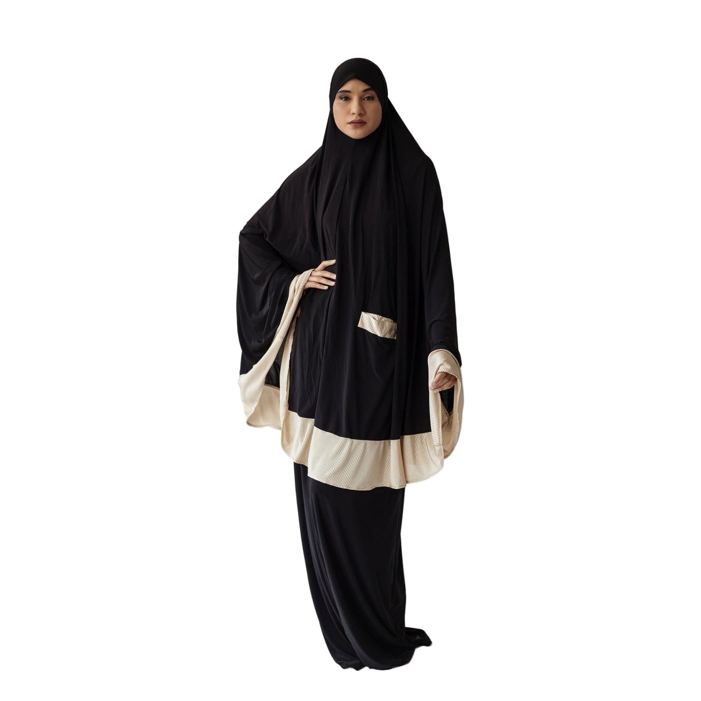 Pocket Burqa - Knee Length: Full Black with Cream (Plisse)
