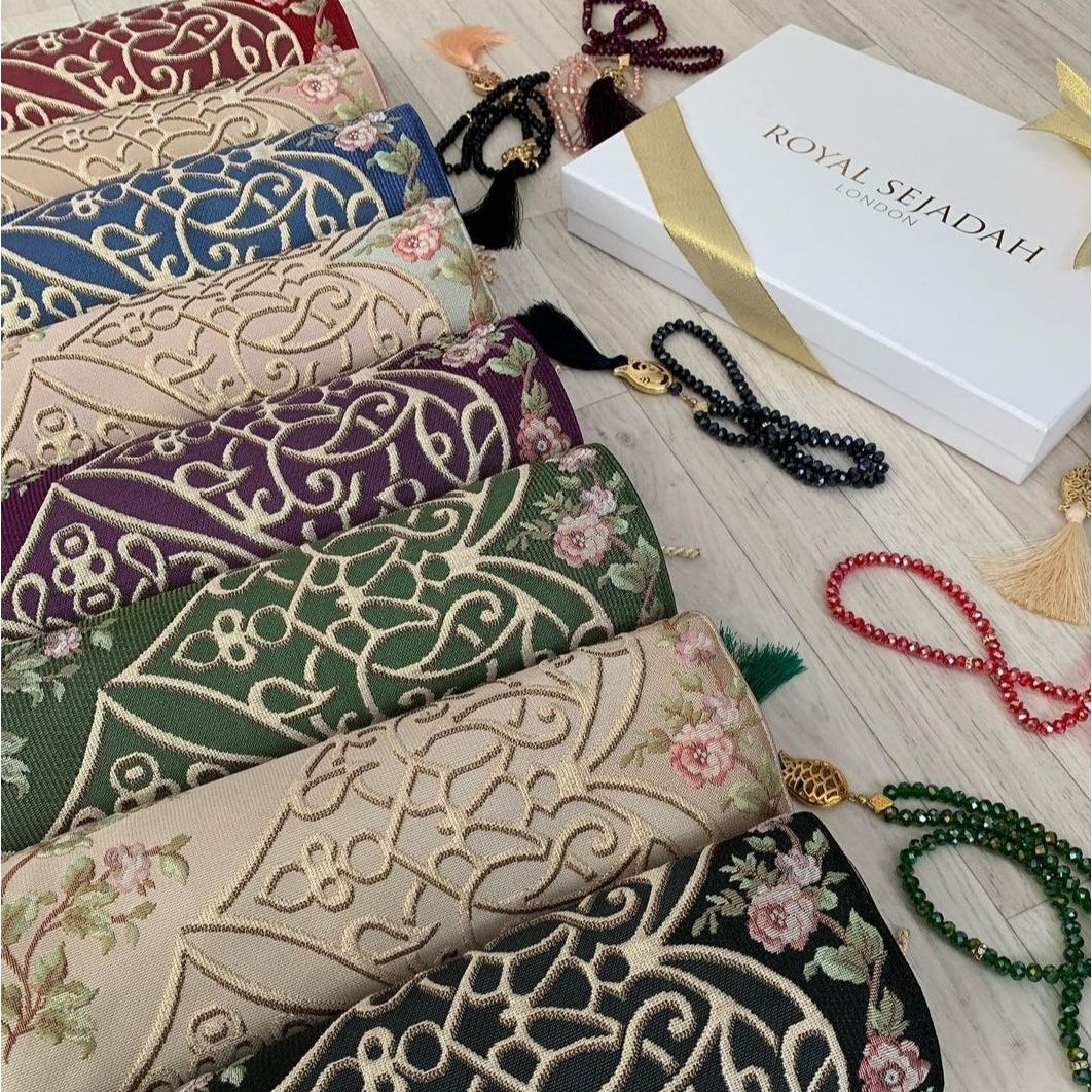 Royal Sejadah - Couples Luxury Prayer Mat & Tasbihs - Black & Mint Floral