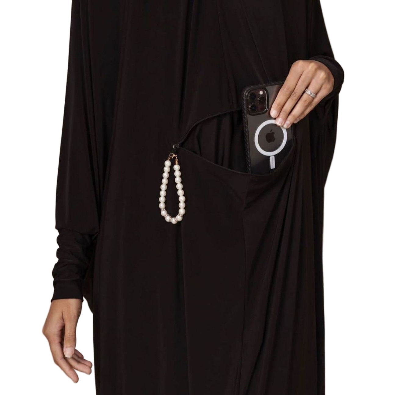 The Travel Burqa With Zip Pocket & Sleeves - Long Length: Full Black