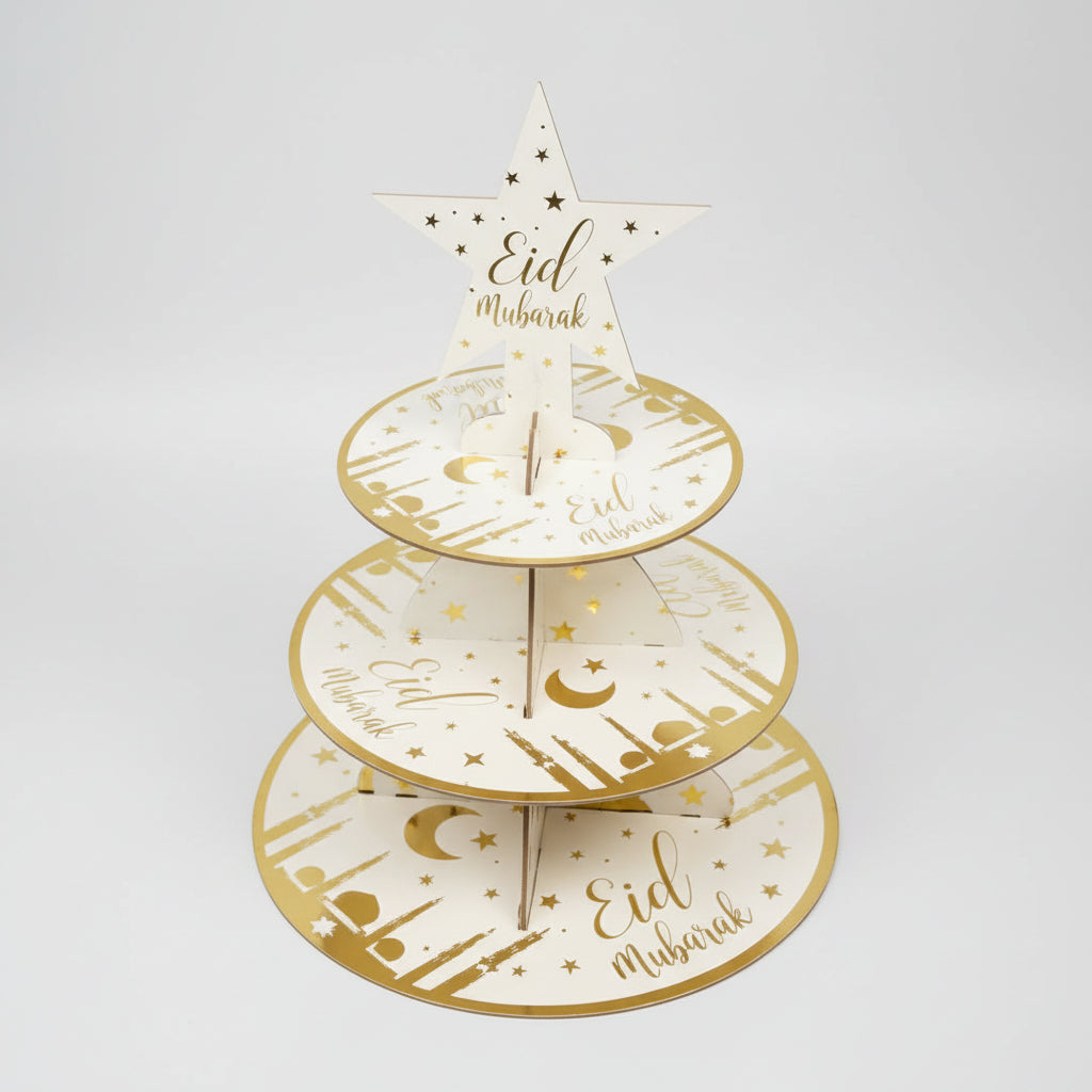 Three Tier Cupcake Stand - Eid Mubarak, White & Gold Mosque