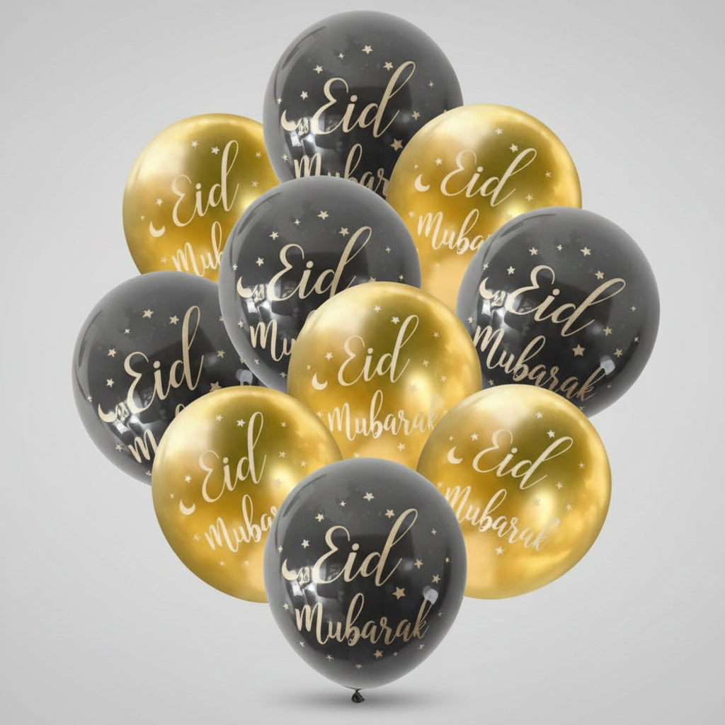 Eid Mubarak Balloon Pack - Black and Gold (Pack of 10)