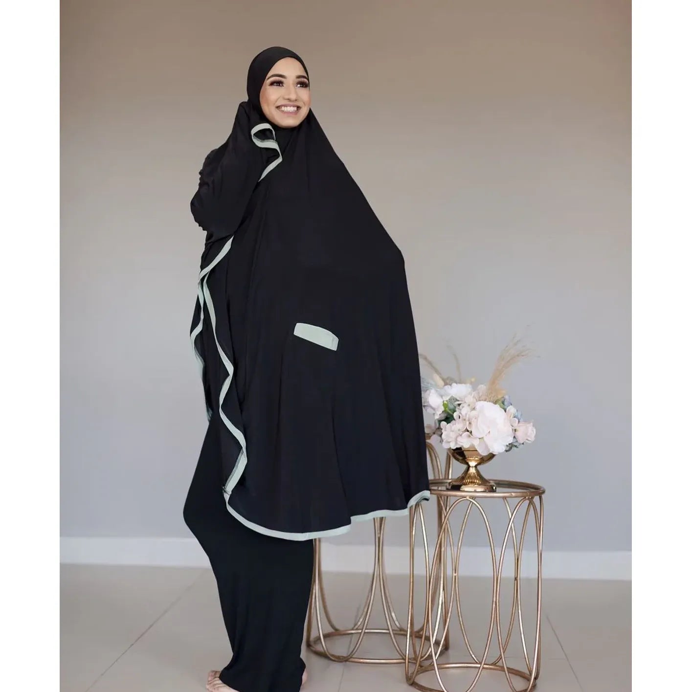 Pocket Burqa - Knee Length - Full Black with Mint