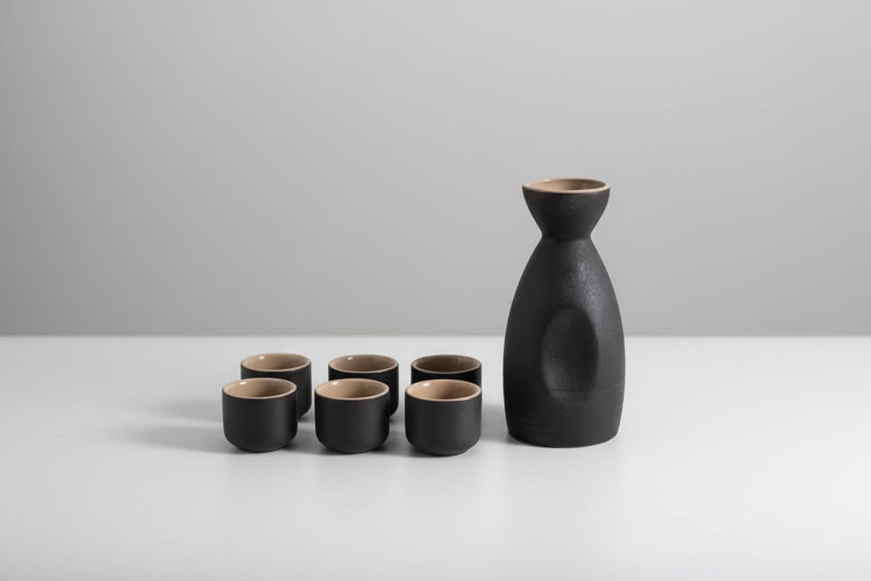 Zam Zam Ceramic Set - Jug & 6 Cups with Wooden Holder: Black