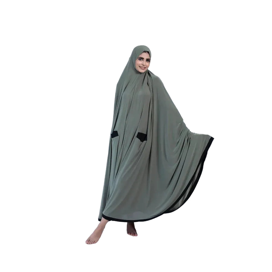 Pocket Burqa - Long Length - Full Olive with Black