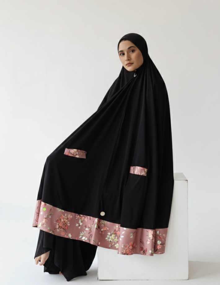 Pocket Burqa - Knee Length - Full Black with Pink Floral