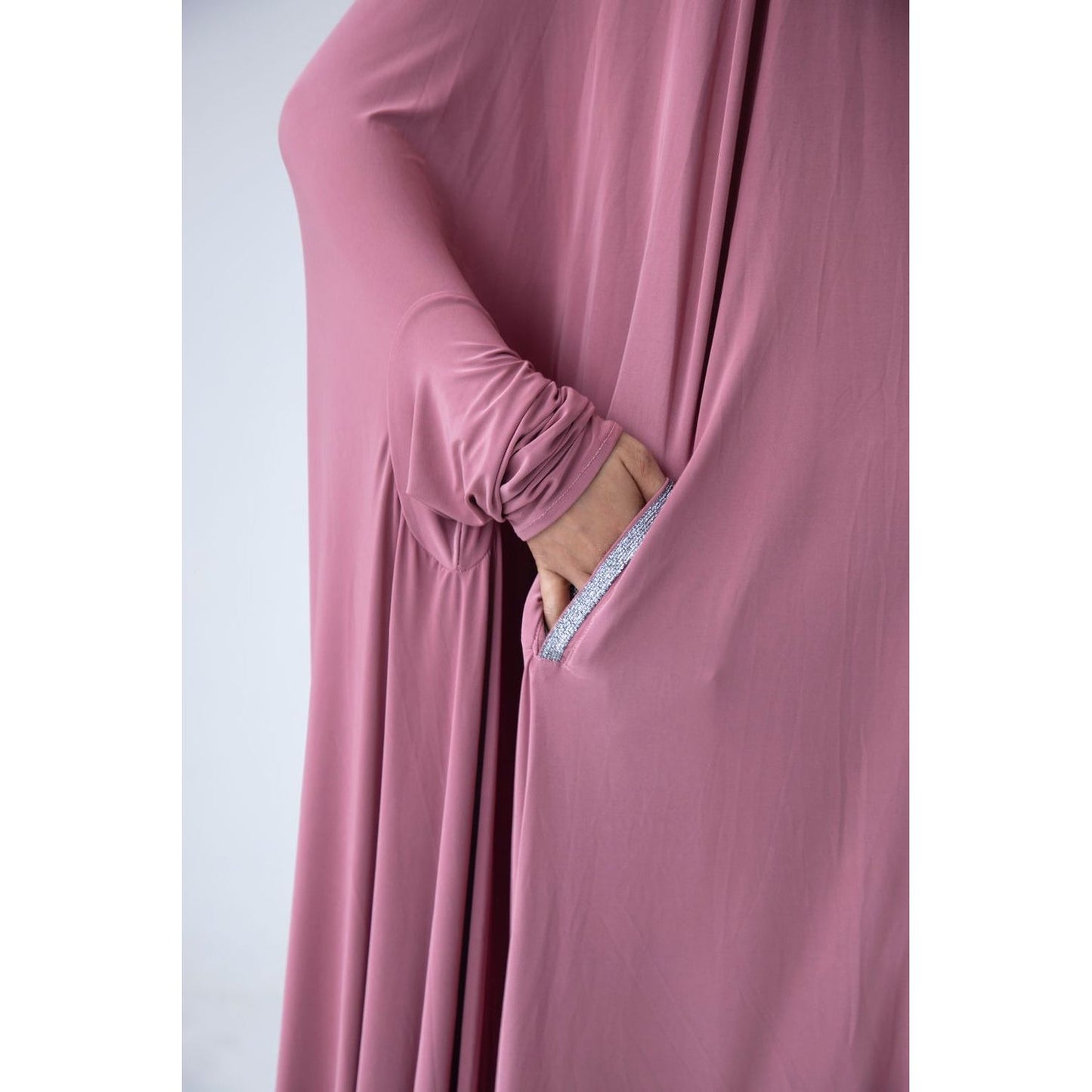 Pocket Burqa With Sleeves - Full Length: Dark Pink with Silver