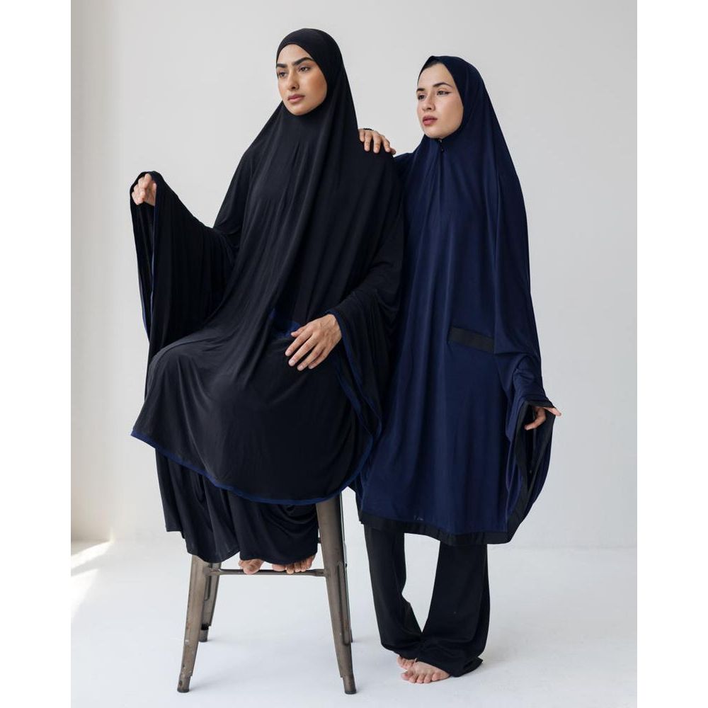 Pocket Burqa - Knee Length - Full Black With Navy