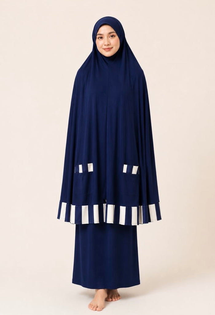 Pocket Burqa - Knee Length - Full Navy with White strips