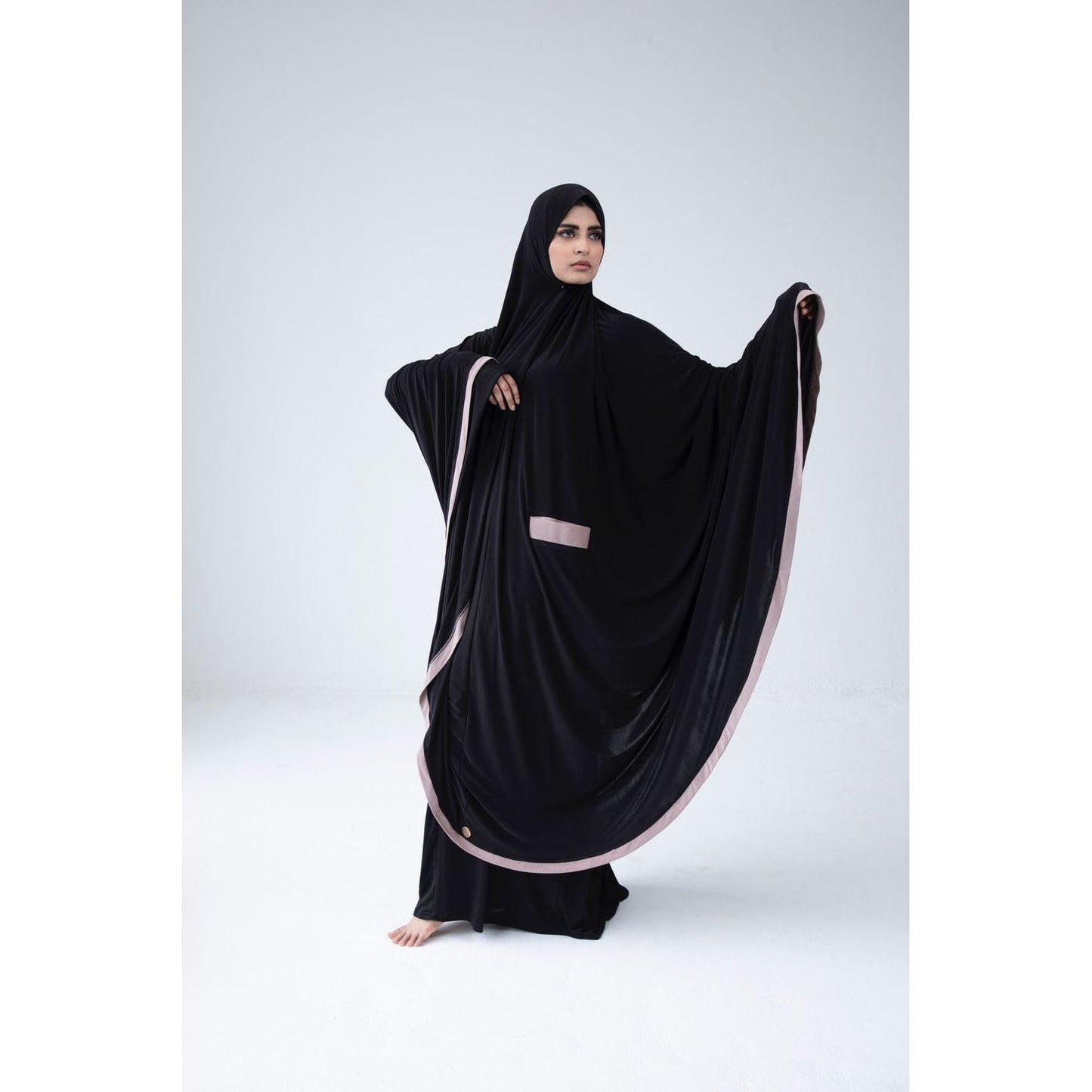 Pocket Burqa - Long Length - Full Black With Nude