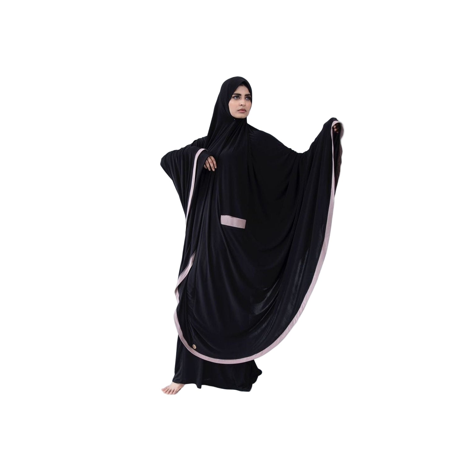 Pocket Burqa - Long Length - Full Black With Nude