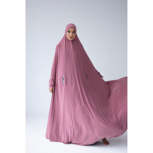 Pocket Burqa With Sleeves - Full Length: Dark Pink with Silver