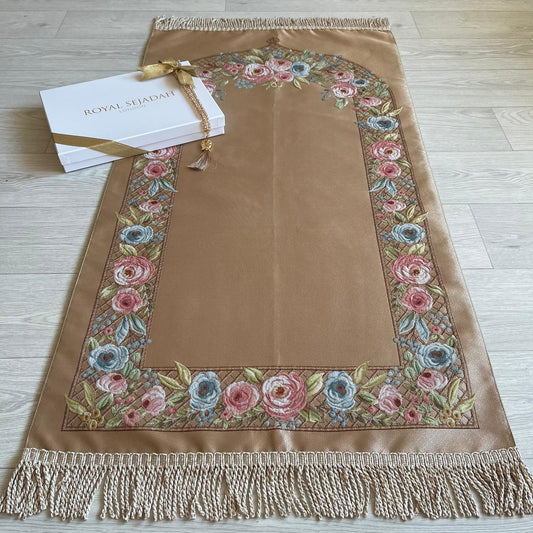 Royal Sejadah - Luxury Prayer Mat & Tasbih - Light Gold Lattice Design