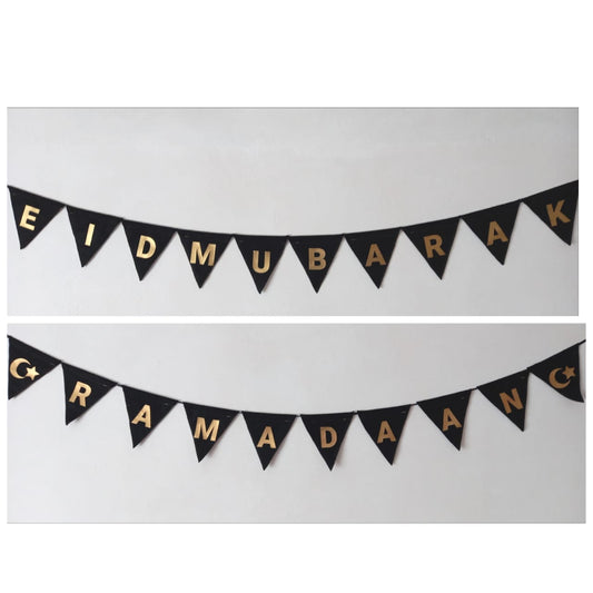 Handmade Ramadaan & Eid Felt Bunting - Black & Gold (Double Sided)