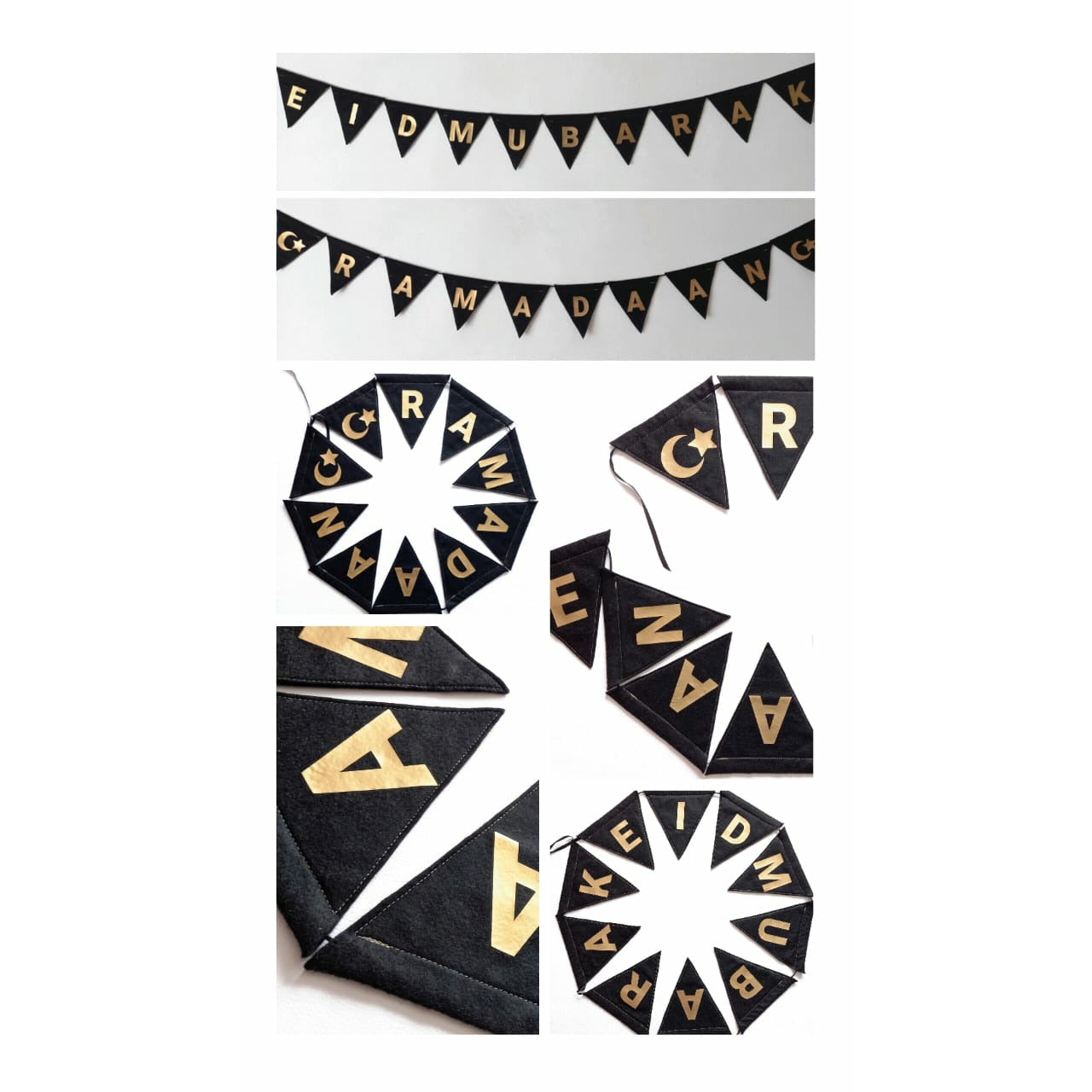 Handmade Ramadaan & Eid Felt Bunting - Black & Gold (Double Sided)