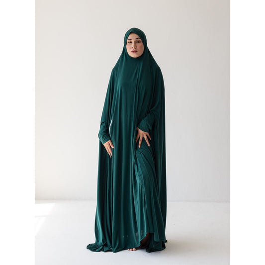 Pocket Burqa With Sleeves - Full Length: Full Emerald with Silver