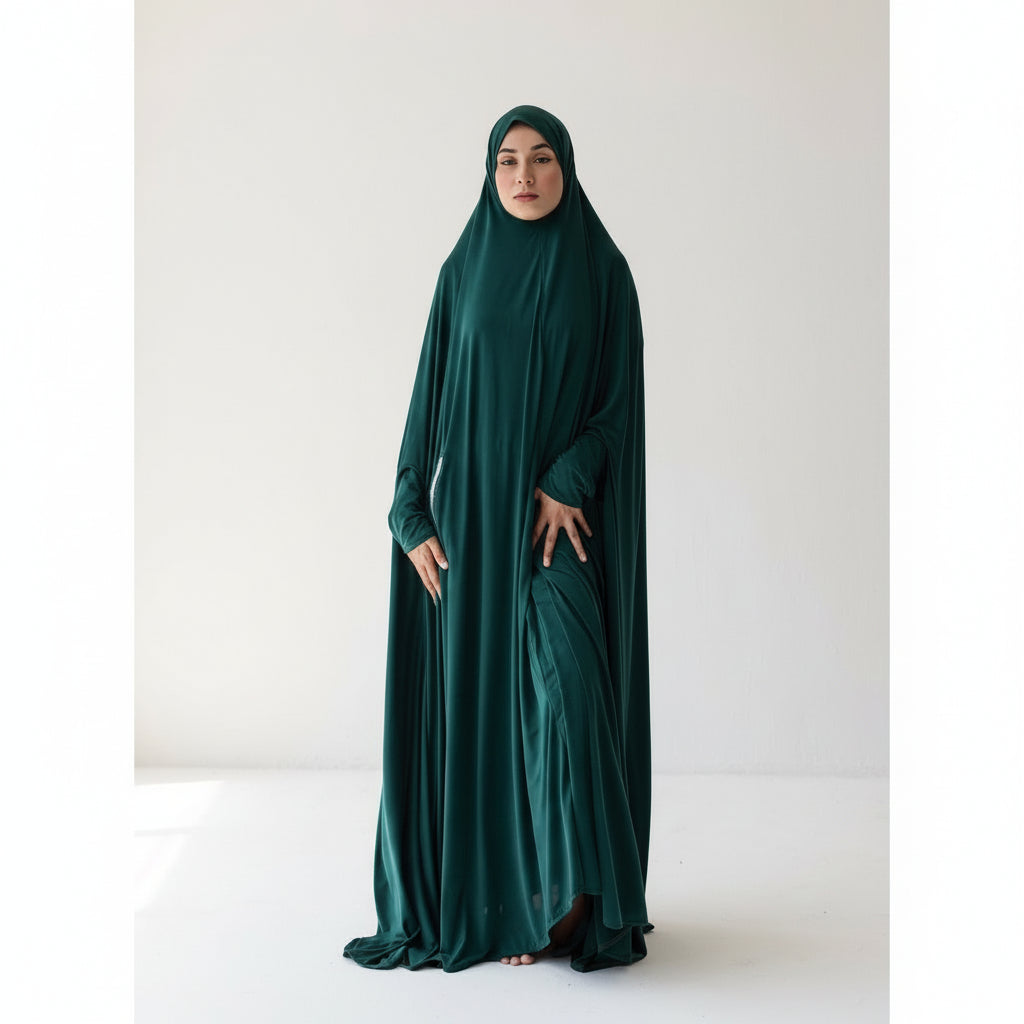 Pocket Burqa With Sleeves - Full Length: Full Emerald with Silver