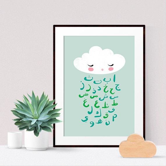 Islamic Room Decor Print - Arabic Alphabet Cloud (Mint)