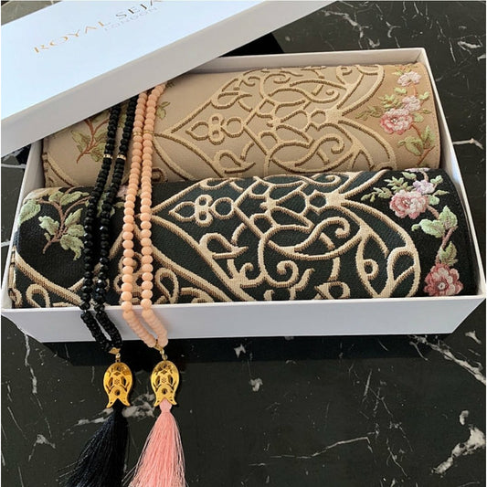 Royal Sejadah - Couples Luxury Prayer Mat & Tasbihs - Black & Gold Floral