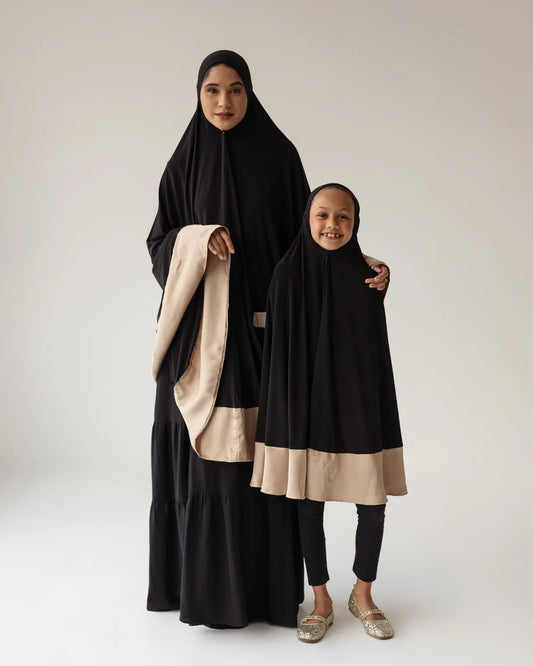 Pocket Burqa - Knee Length - Full Black with Beige (Adult)