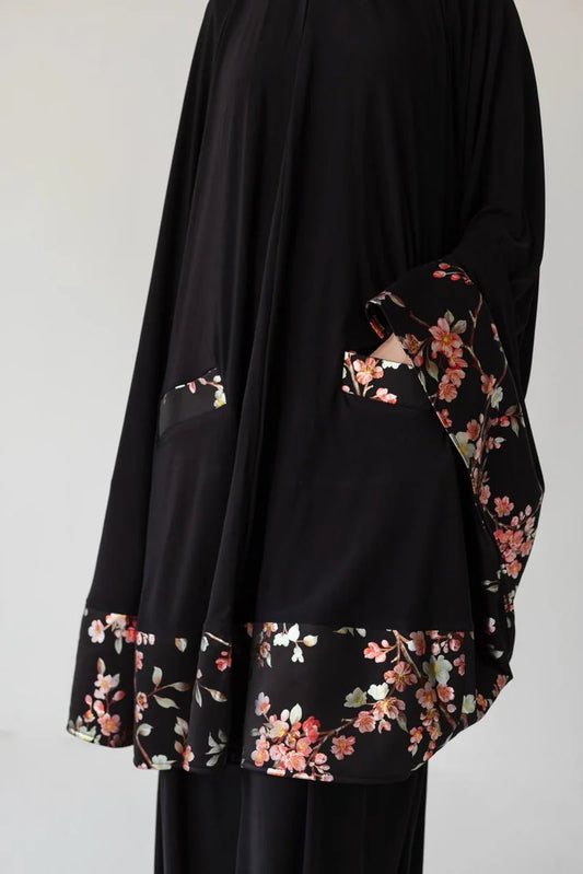 Pocket Burqa - Knee Length - Full Black with Black Floral
