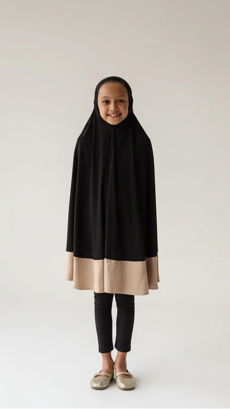 Children's Burqa - Full Black with Beige