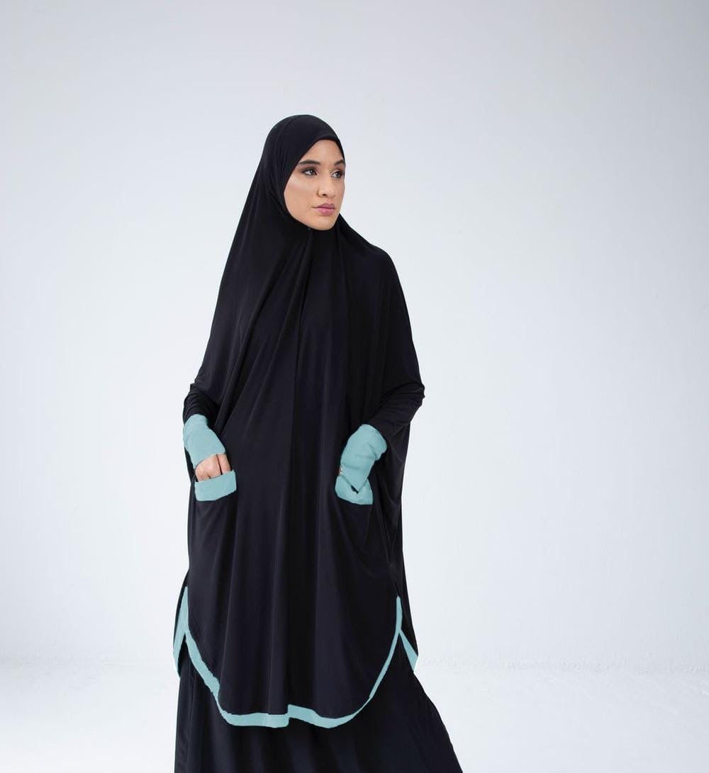 Pocket Burqa - Knee Length with Sleeves - Full Black with Mint