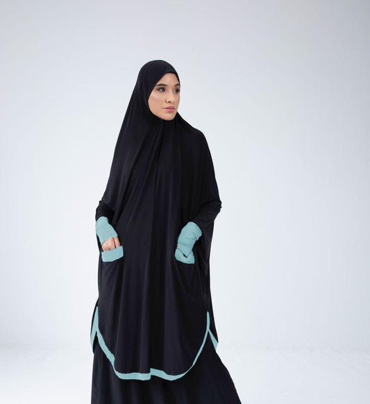 Pocket Burqa - Knee Length with Sleeves - Full Black with Mint