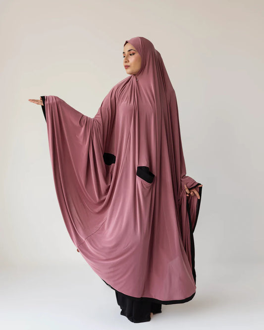 Pocket Burqa - Long Length - Full Pink with Black