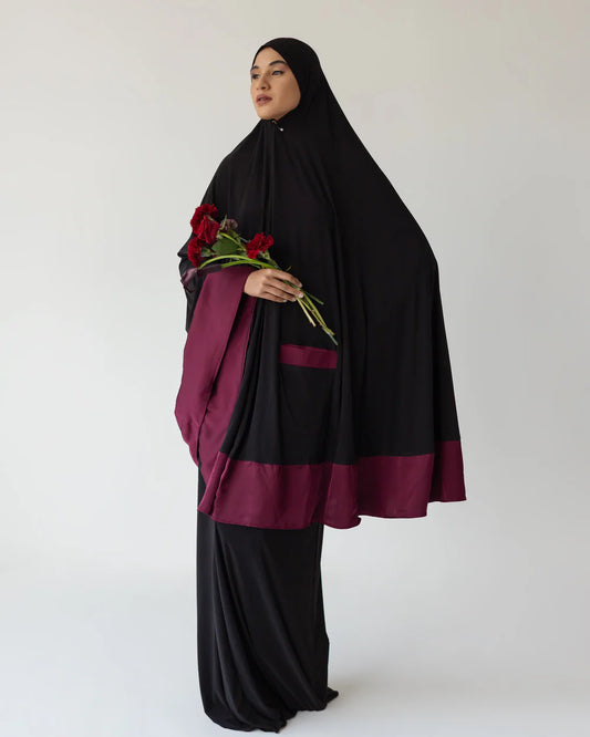 Pocket Burqa - Knee Length - Full Black with Maroon Satin