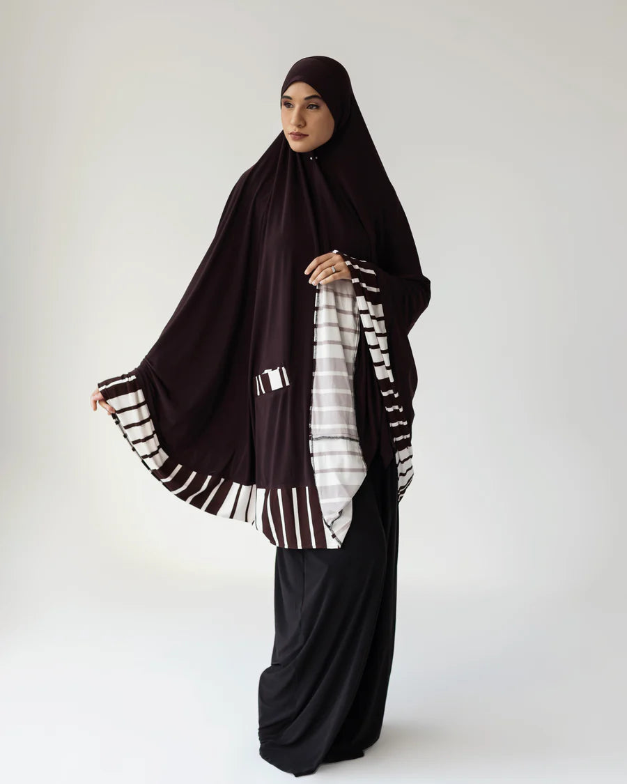 Pocket Burqa - Knee Length - Full Chocolate Brown with Stripes