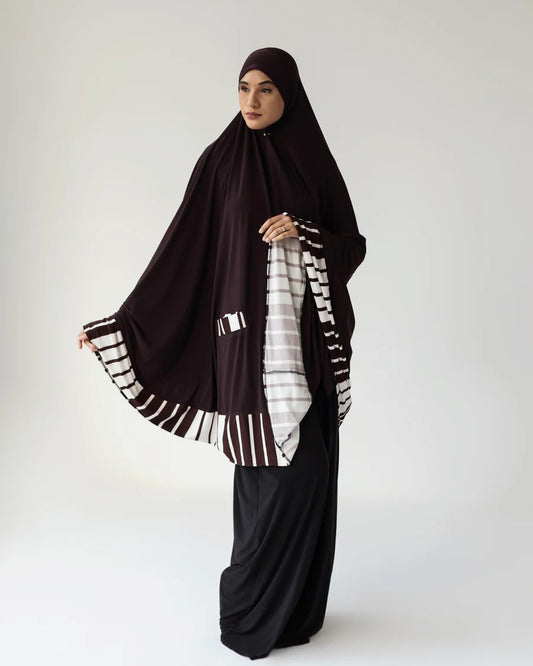 Pocket Burqa - Knee Length - Full Chocolate Brown with Stripes