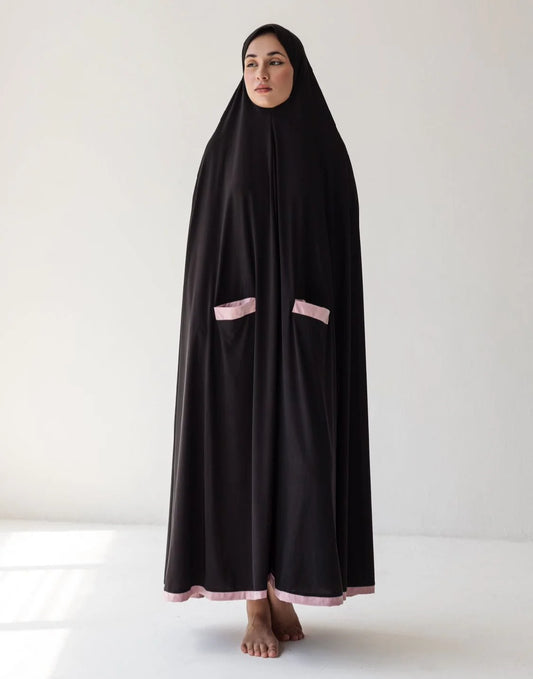 Pocket Burqa - Long Length - Full Black with Pink