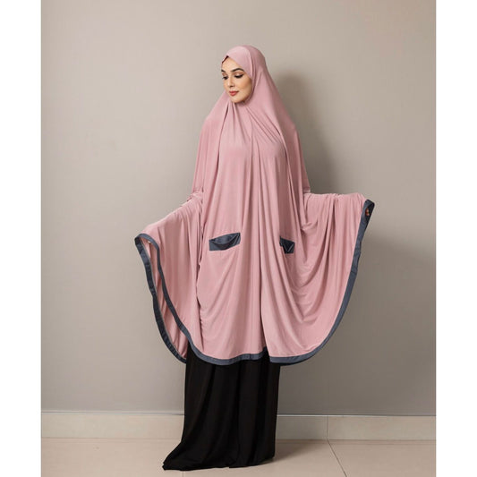 Pocket Burqa - Knee Length - Full Pink With Grey