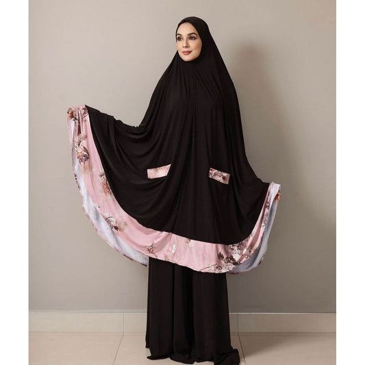 Pocket Burqa - Knee Length - Full Black With Blossom