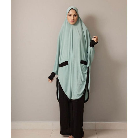Pocket Burqa With Sleeves - Knee Length: Full Mint With Black