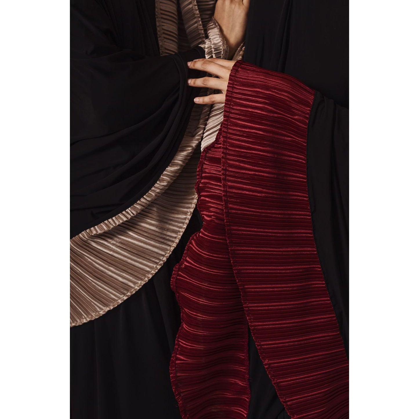 Pocket Burqa - Knee Length - Full Black with Burgundy (Plisse Edition)