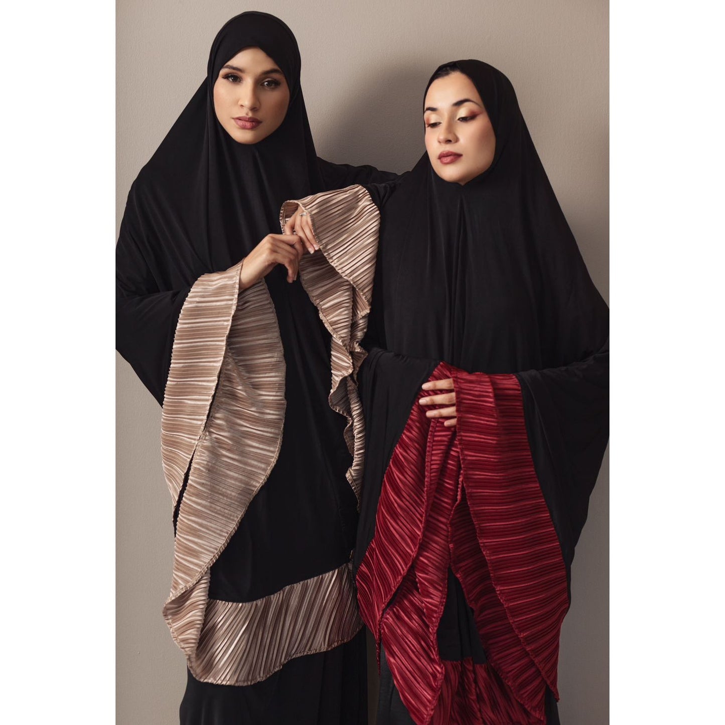 Pocket Burqa - Knee Length - Full Black with Burgundy (Plisse Edition)