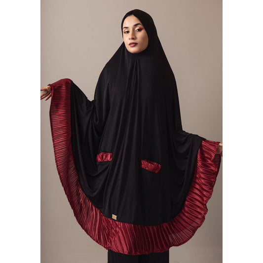 Pocket Burqa - Knee Length - Full Black with Burgundy (Plisse Edition)