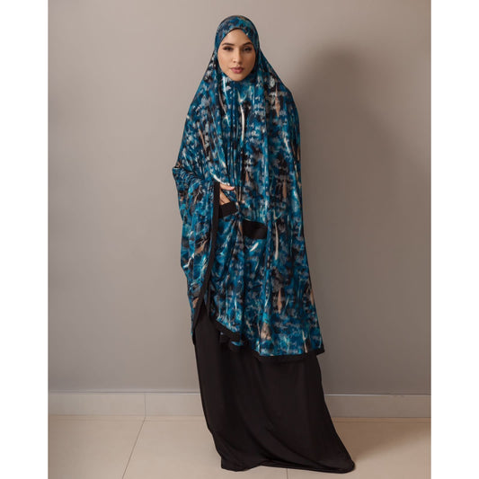 Pocket Burqa - Knee Length - Blue Abstract